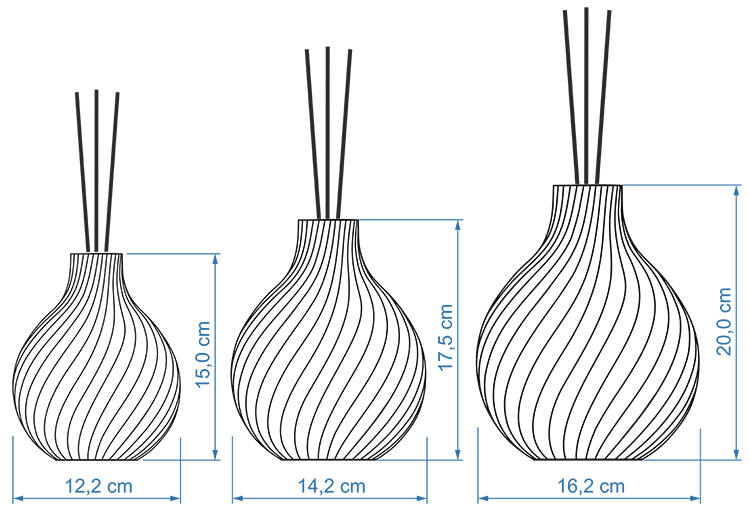 Maßzeichnung Duftvase Sphere von ICONIC HOME in 15cm, 17,5cm und 20cm